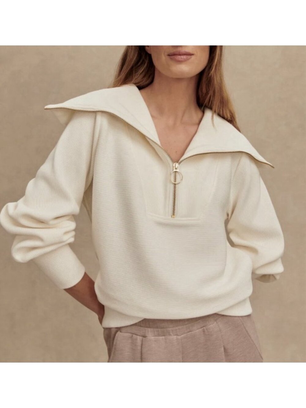 Varley Collared Mentone Knit Half Zip Pullover Sweatshirt Size M Ribbed Oatmeal